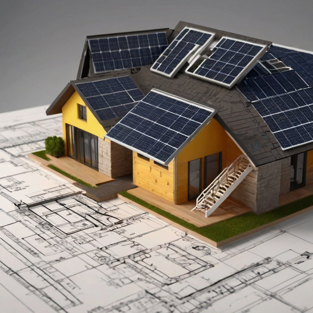 una casa miniatura con paneles solares y planos abajo de ella que explican cómo instalar los paneles