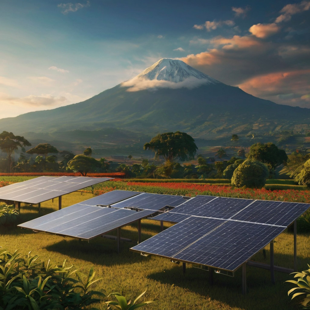 Una montaña de guatemala con celaje celeste y nubes con un prado con paneles solares